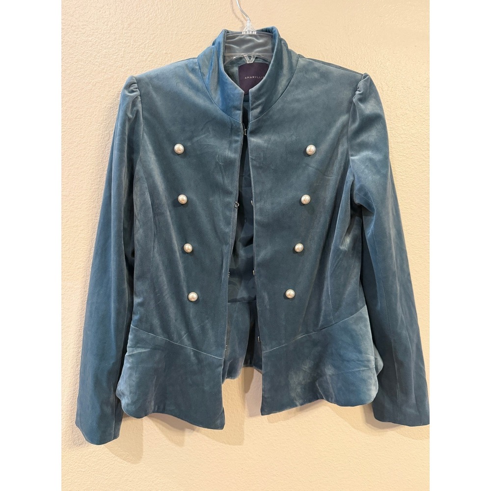 Amaryllis Womens Velvet Peplum Military Jacket Slate Blue Pearl Button Small
